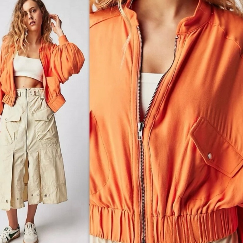 Free People On Point Orange Zip Up Bomber Jacket- XS- EUC